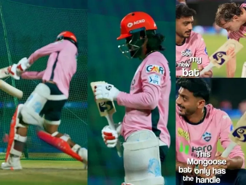 Axar Patel joking with Tristan Stubbs about KL Rahul’s broken bat during DC practice in IPL 2025