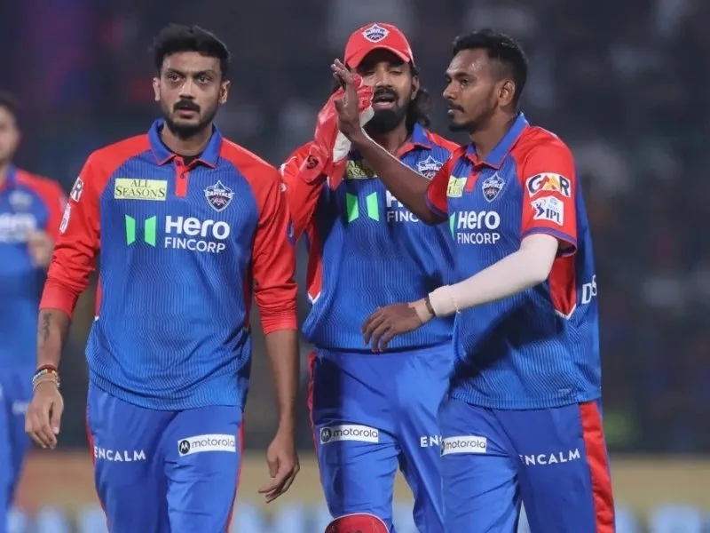 Axar Patel leading Delhi Capitals in IPL 2025 match against KKR at Arun Jaitley Stadium
