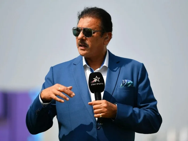 Ravi Shastri speaking at a cricket event about India’s Test strategy.