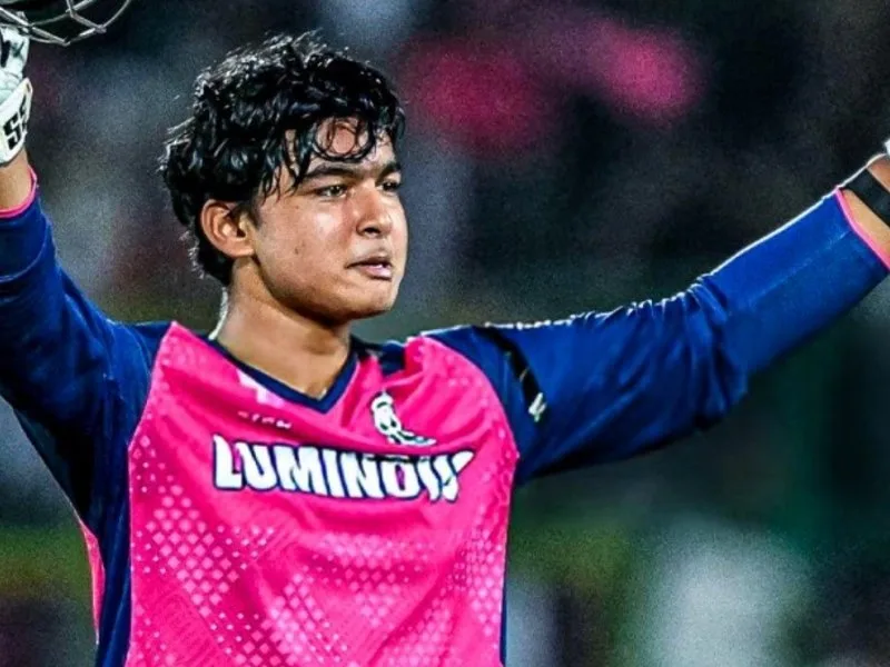 Vaibhav Suryavanshi celebrating his record-breaking century in IPL 2025
