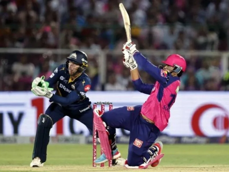 Vaibhav Suryavanshi batting against Gujarat Titans during his record-breaking IPL 2025 century