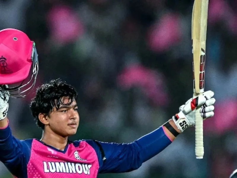 Vaibhav Suryavanshi celebrating his historic 35-ball century for Rajasthan Royals in IPL 2025