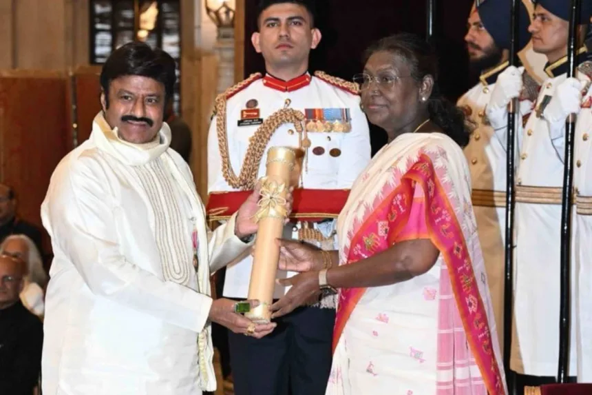 Nandamuri Balakrishna receiving Padma Bhushan from President Droupadi Murmu at Rashtrapati Bhavan in 2025