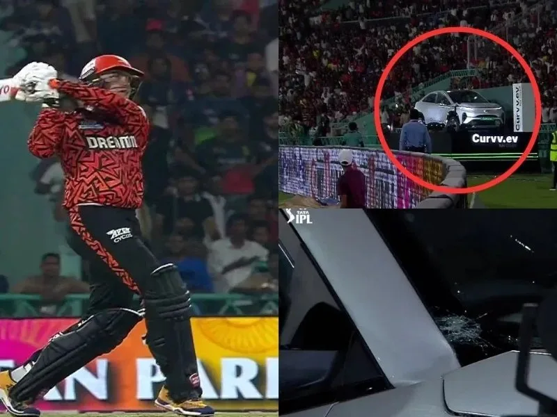 Abhishek Sharma’s massive six breaks a Tata SUV windshield during RCB vs SRH IPL 2025 match at Ekana Stadium.