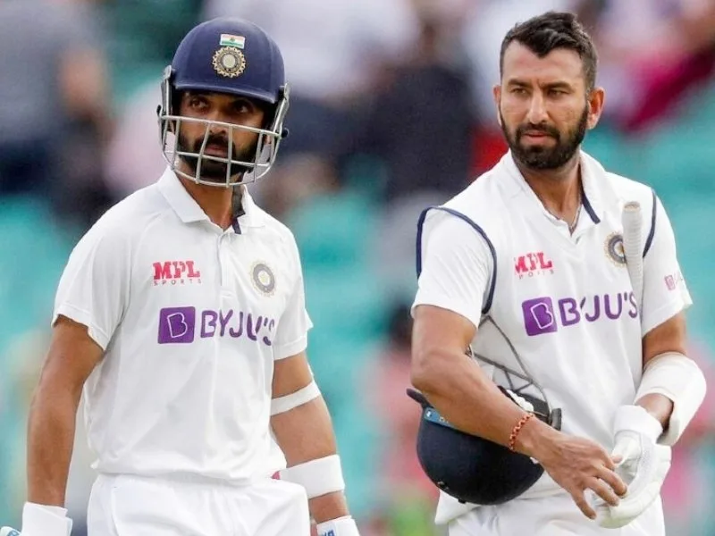 Ajinkya Rahane and Cheteshwar Pujara during a Test match, potential return for India’s 2025 England tour
