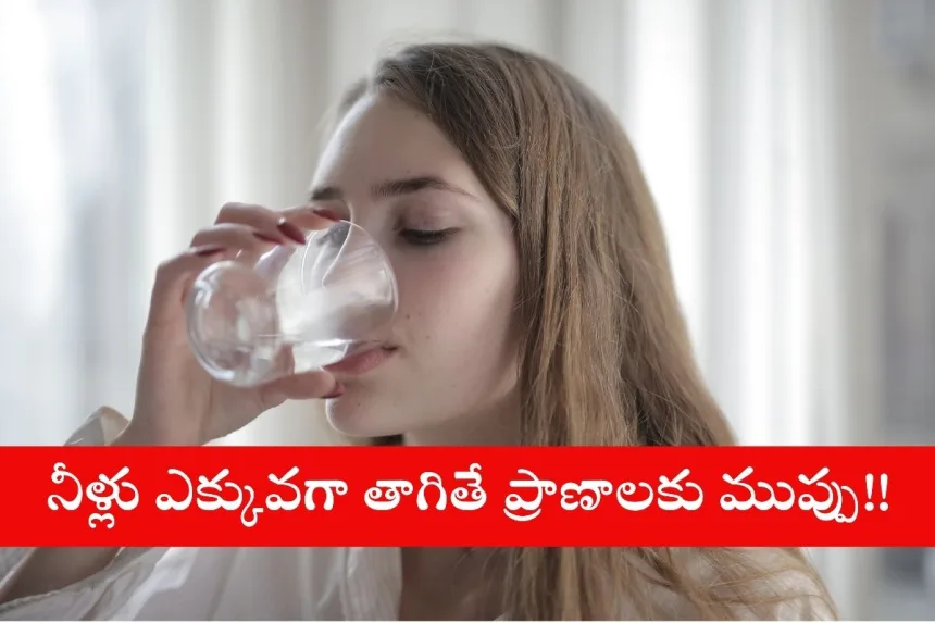 Glass of water with warning about health risks of overhydration in 2025