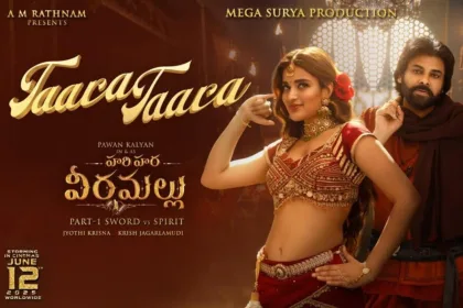Poster of Tara Tara Na Kallu song from Harihara Veeramallu with Pawan Kalyan and Nidhhi Agerwal, highlighting Telugu cinema music.