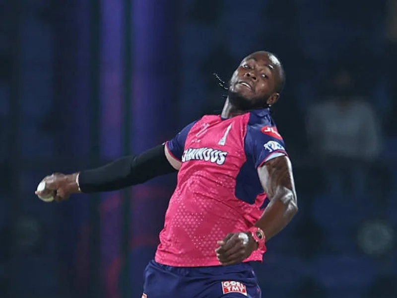 Jofra Archer bowling for Rajasthan Royals in IPL 2025, sidelined by a thumb injury.