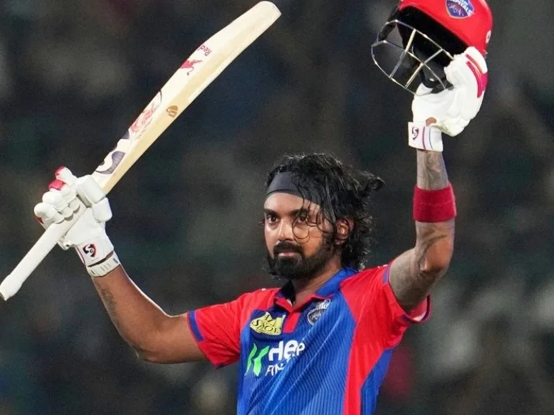 KL Rahul celebrates his fifth IPL century during DC vs GT IPL 2025 Match 60 at Arun Jaitley Stadium.