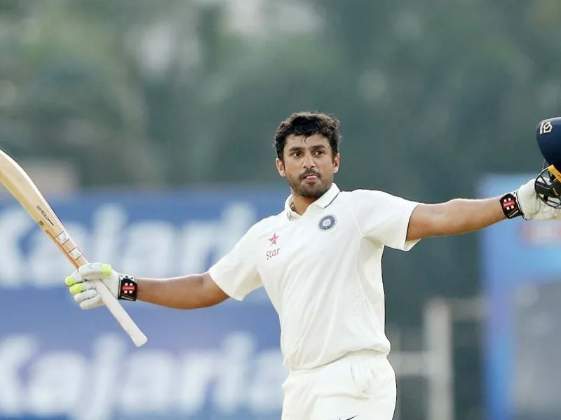 Karun Nair celebrating his triple century against England in 2016, eyeing a Test comeback in 2025.