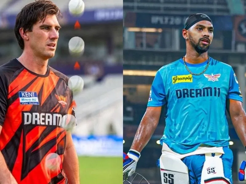 Lucknow Super Giants vs Sunrisers Hyderabad IPL 2025 match prediction at Ekana Stadium with Pat Cummins and Nicholas Pooran in action.