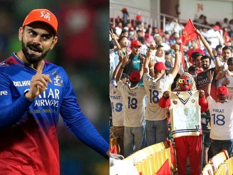 RCB fans in white jerseys at Chinnaswamy Stadium supporting Virat Kohli in IPL 2025