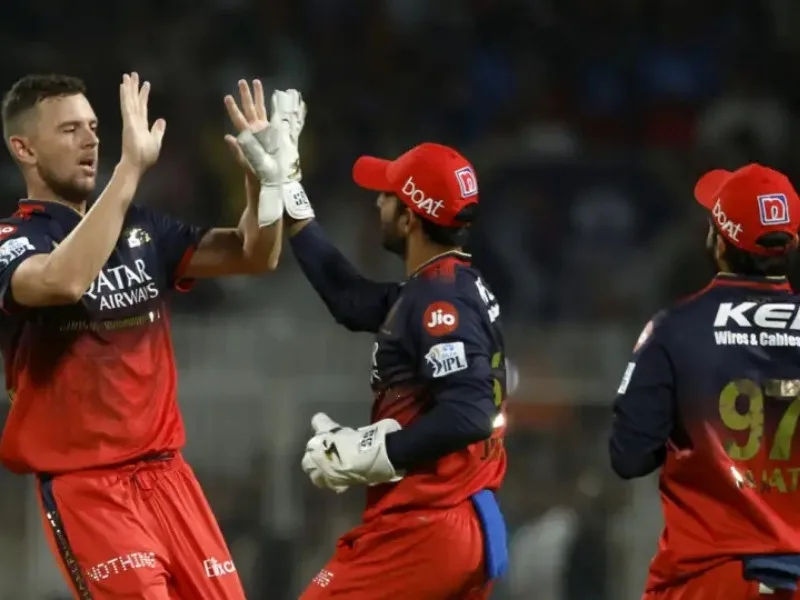 RCB team with Josh Hazlewood celebrating during IPL 2025 playoffs