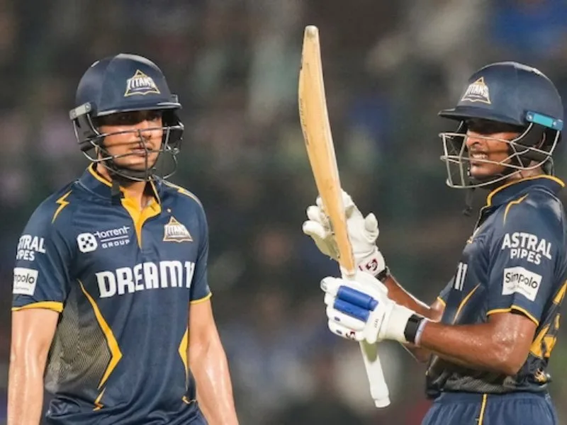 Sai Sudharsan and Shubman Gill celebrate their 10-wicket win in DC vs GT IPL 2025 Match 60 at Arun Jaitley Stadium.