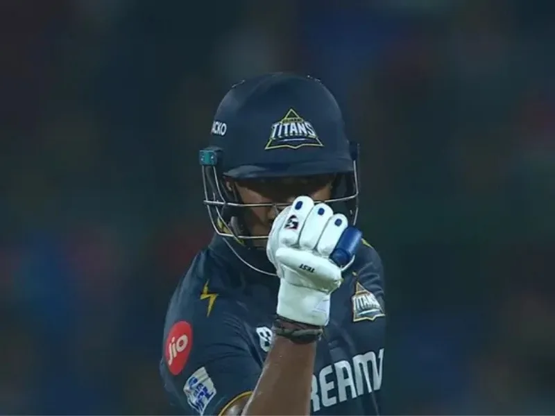 Sai Sudharsan celebrates his second IPL century during DC vs GT IPL 2025 match at Arun Jaitley Stadium.