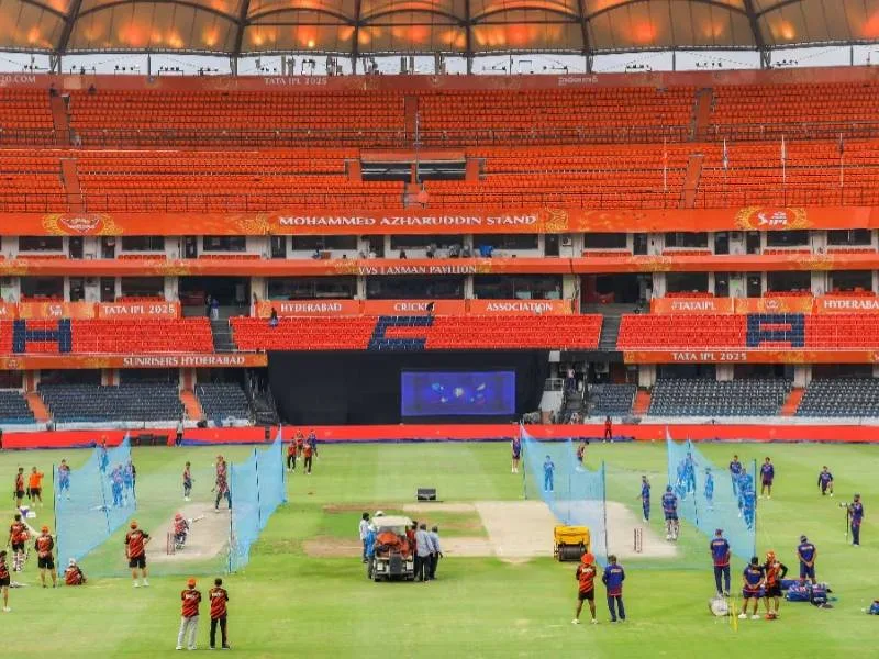 Sunrisers Hyderabad team practicing for IPL 2025 at Rajiv Gandhi Stadium