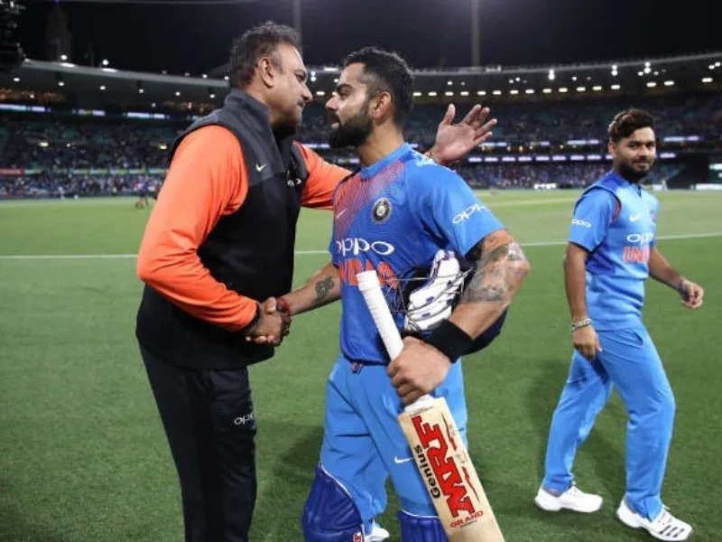 Virat Kohli batting in a  match, celebrated by Ravi Shastri for his legacy in 2025