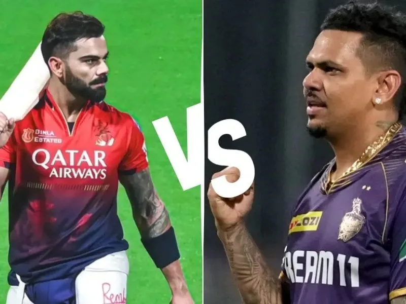 Virat Kohli facing Sunil Narine’s spin at Chinnaswamy Stadium in IPL 2025, a key matchup.