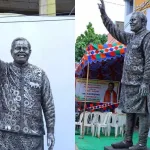 Iron scrap statue of PM Modi displayed at Amaravati capital relaunch event in Velagapudi, 2025