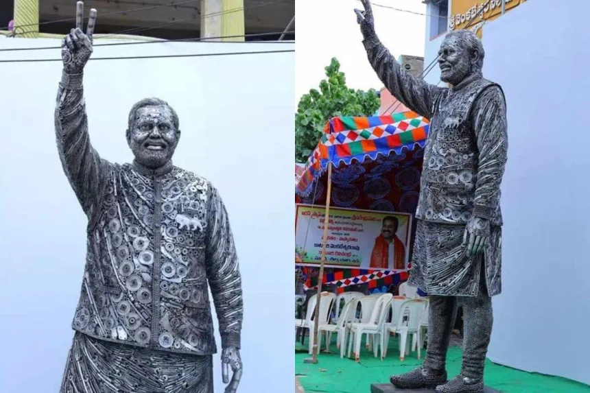 Iron scrap statue of PM Modi displayed at Amaravati capital relaunch event in Velagapudi, 2025