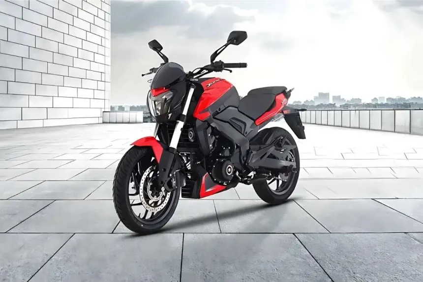 Bajaj Dominar 250 in Citrus Rush parked on highway with LED headlamps and sculpted tank