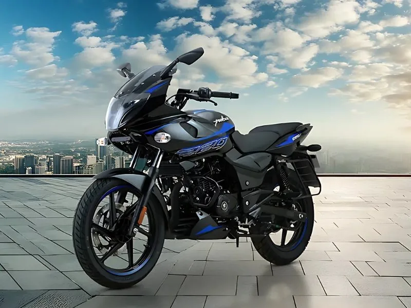 Close-up of Bajaj Pulsar 220 F digital instrument cluster with tachometer and fuel gauge