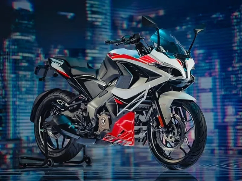 Close-up of Bajaj Pulsar RS200 full LCD digital instrument cluster with tachometer