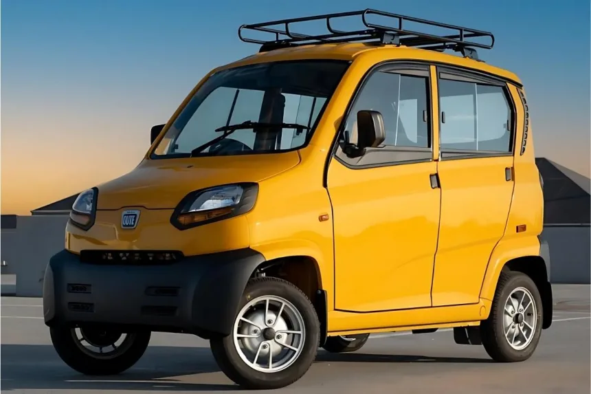 Bajaj Qute in Red parked on city street with compact quadricycle design and halogen headlights