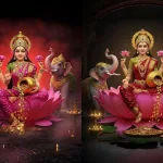Goddess Lakshmi seated on a lotus with gold coins and divine aura during puja