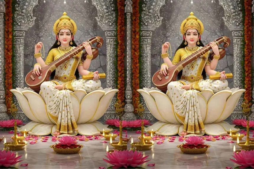 Goddess Saraswati idol at Basar temple, adorned with white saree and veena, inspiring wisdom for Telugu devotees in 2025