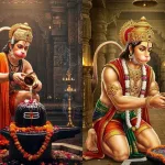 Lord Hanuman in devotion at Lord Rama’s feet, depicted in a traditional painting