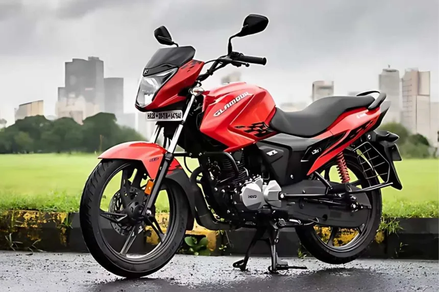Hero Glamour 125 motorcycle in Black Metallic Silver color parked on city street