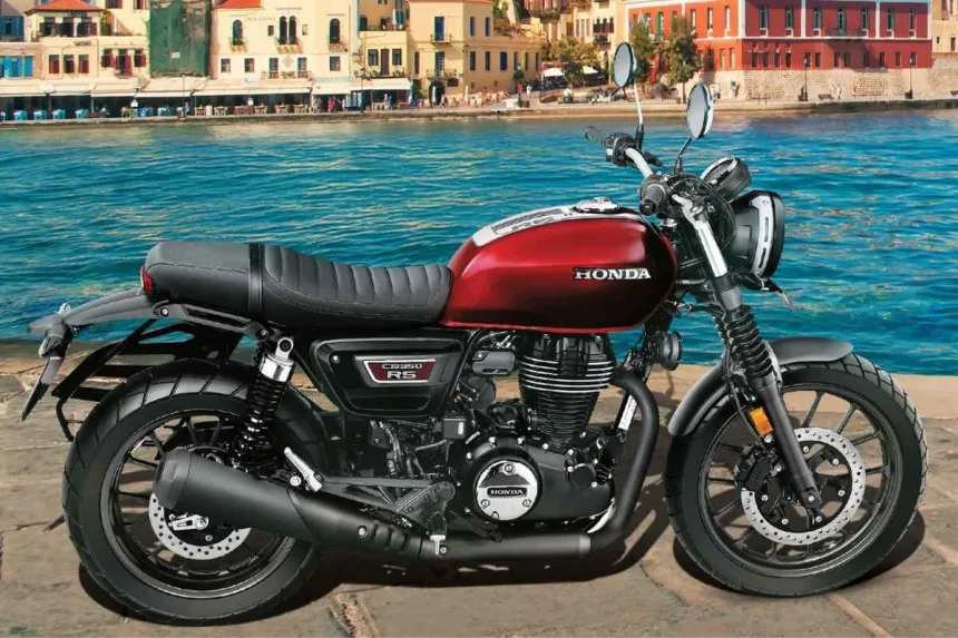 Honda CB350RS in Black with Pearl Sports Yellow parked on city street with retro LED headlamp