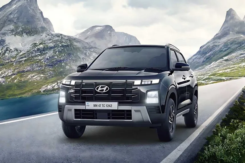 Hyundai Creta 2025 in Atlas White parked in city with LED headlights, showcasing stylish compact SUV design