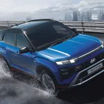 Hyundai Creta N Line 2025 in Thunder Blue with quad beam LED headlights and red brake calipers, showcasing sporty SUV design