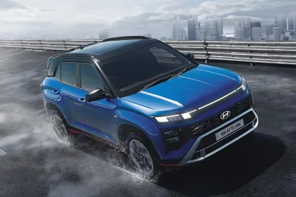 Hyundai Creta N Line 2025 in Thunder Blue with quad beam LED headlights and red brake calipers, showcasing sporty SUV design