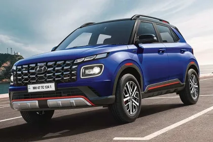 Hyundai Venue N Line 2025 in Thunder Blue with LED headlights and red brake calipers, showcasing sporty compact SUV design