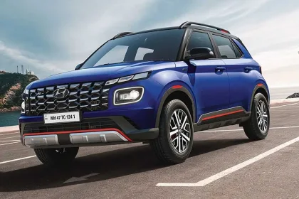 Hyundai Venue N Line 2025 in Thunder Blue with LED headlights and red brake calipers, showcasing sporty compact SUV design