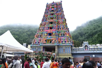 Signboard announcing Indrakiladri Ghat Road closure for repairs at Kanaka Durga temple in 2025