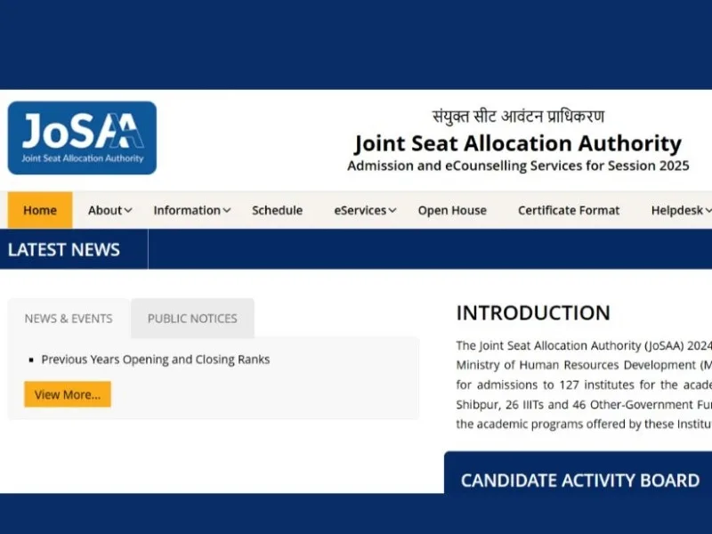 JoSAA counseling portal interface for JEE Advanced 2025 registration