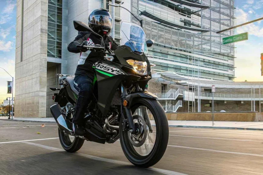 2025 Kawasaki Versys-X 300 in Blue-White color parked on rugged terrain with halogen headlights and adventure-ready design
