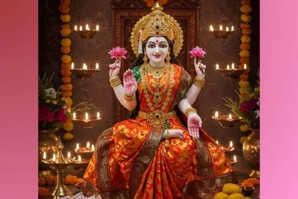 Lakshmi Devi idol adorned with flowers and lamps during Diwali Puja