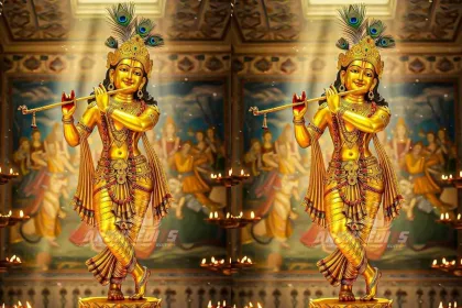 Lord Krishna playing flute in Gokulam with cows, depicted in vibrant 2025 devotional art