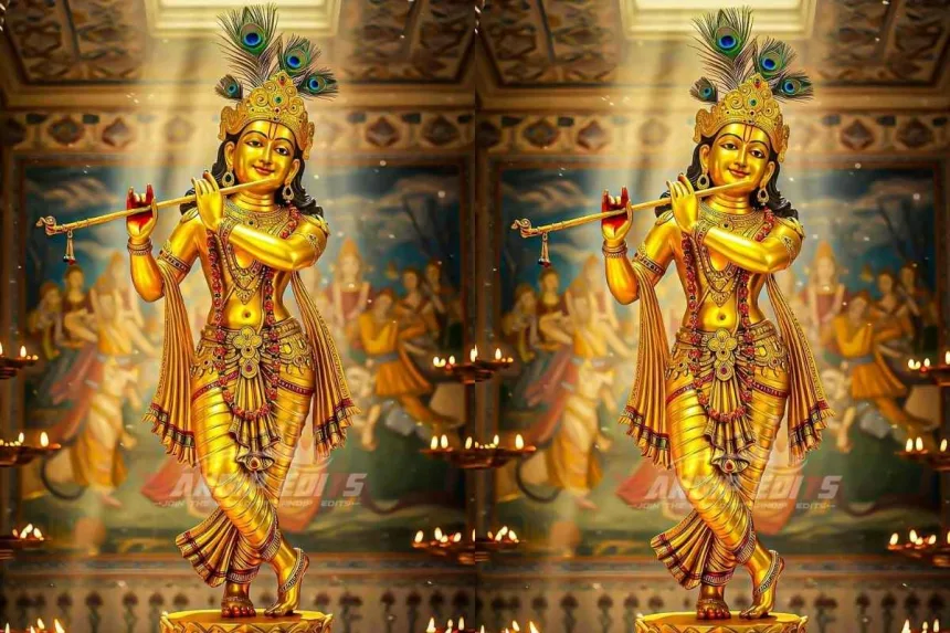 Lord Krishna playing flute in Gokulam with cows, depicted in vibrant 2025 devotional art