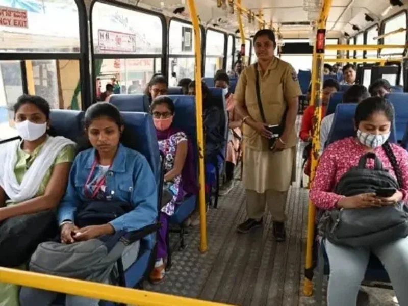 Infographic explaining TGSRTC Mahalakshmi scheme for free bus travel for women in 2025