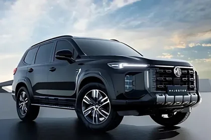 MG Majestor 2025 in Deep Black parked in city with LED headlights, showcasing luxury SUV design