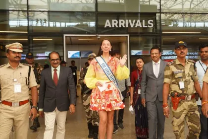 Contestants arriving at Hyderabad airport for Miss World Beauty Pageant in Telangana, 2025