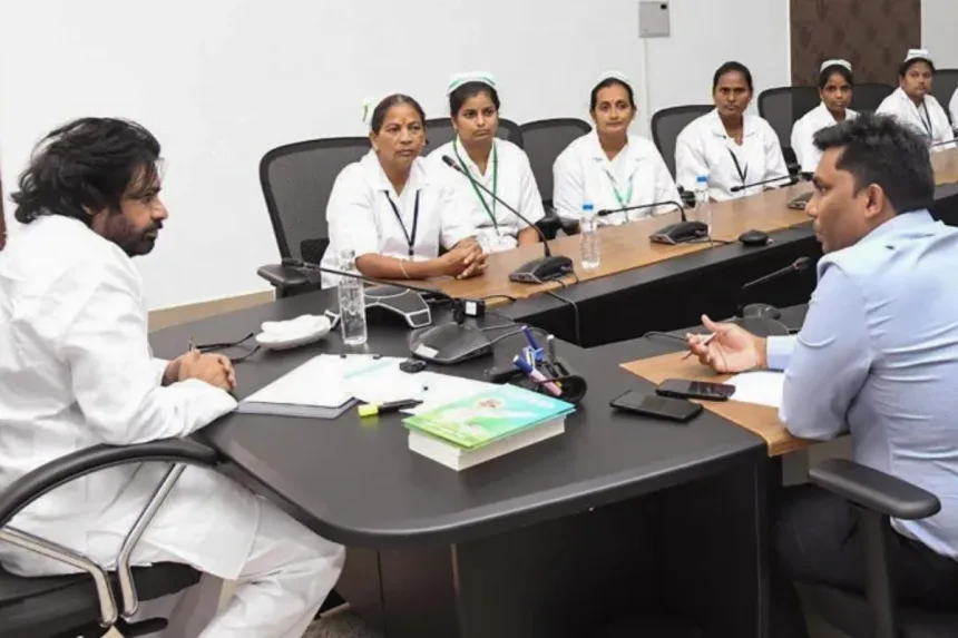 Deputy CM Pawan Kalyan meeting government staff nurses in Pithapuram on International Nurses Day 2025