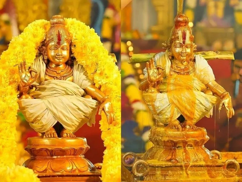 Devotees climbing the 18 sacred steps at Sabarimala, symbolizing spiritual purity for Telugu Ayyappa bhaktas