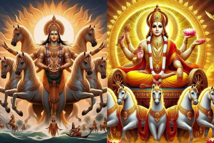 Surya Deva riding a seven-horse chariot in a traditional Hindu depiction with radiant light